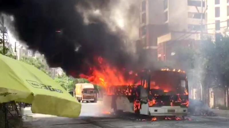 Bus catches fire in Jaipur Bus catches fire in Jaipur