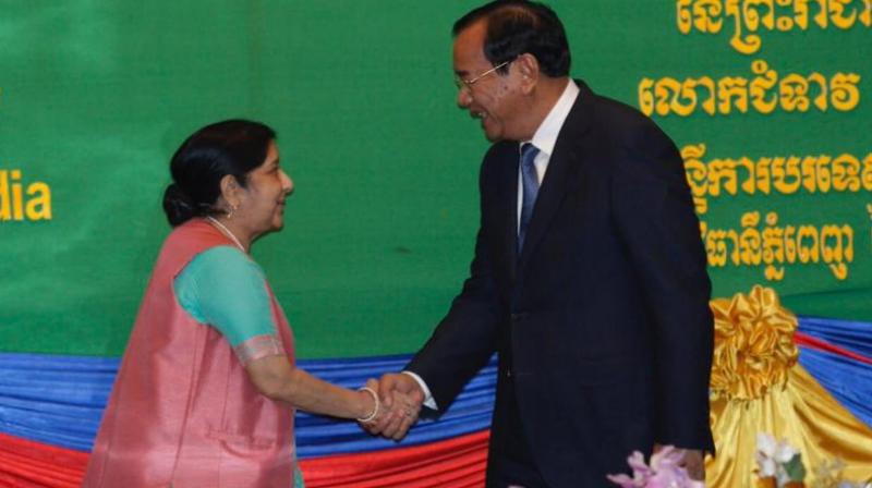 Sushma Swaraj met her Cambodian counterpart Prak Sokhonn 