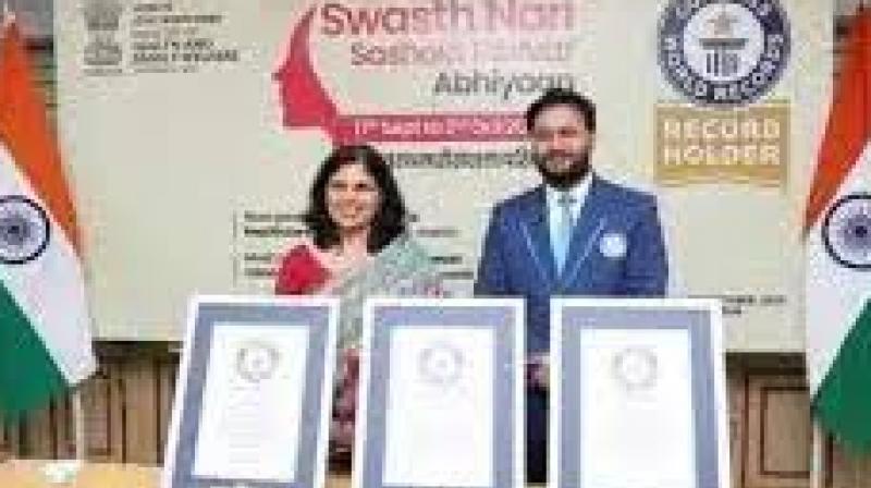 India made three Guinness World Records for the "Swasth Nari, Sashakt Parivar Abhiyaan" (SNSPA) campaign. These three records were for most people (over 3.21 crore) to register for a healthcare platform in one month, for most people (over 9.94 lakh) to sign up for breast cancer screening online in one week, and for most people (over 1.25 lakh) to sign up for vital signs screening online in one week. India made three Guinness World Records for the "Swasth Nari, Sashakt Parivar Abhiyaan" (SNSPA) campaign. These three records were for most people (over 3.21 crore) to register for a healthcare platform in one month, for most people (over 9.94 lakh) to sign up for breast cancer screening online in one week, and for most people (over 1.25 lakh) to sign up for vital signs screening online in one week.
