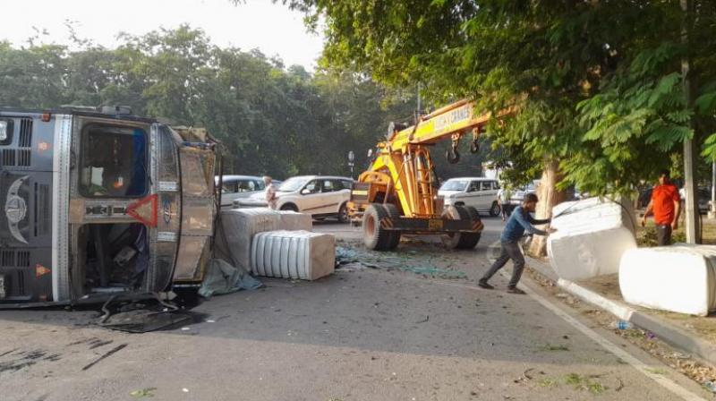 Truck Overturns at Chandigarh