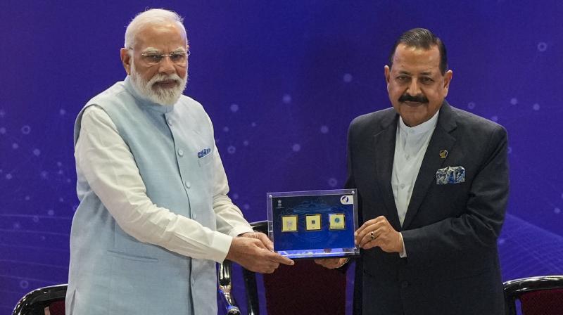 Prime Minister Narendra Modi with Union Minister of State (Independent Charge) of Science and Technology Jitendra Singh during the inauguration of the Emerging Science and Technology Innovation Conclave (ESTIC) 2025, at Bharat Mandapam, in New Delhi, Monday, Nov. 3, 2025.AI Helps Children's Homework; India Making AI Useful for Every Segment of Society: PM Modi; India to Host Global AI Summit in 2026 (Photo: PTI