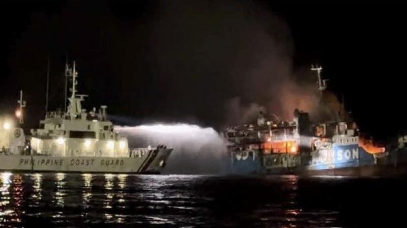 Fire breaks out in a boat carrying at Philippines