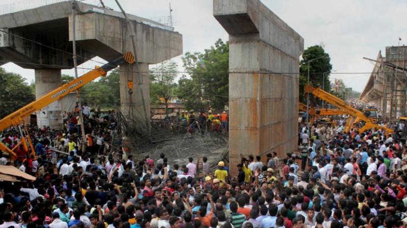 Under-construction ovebridge collapsed at Bomikhal Under-construction ovebridge collapsed at Bomikhal