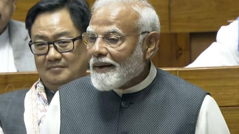 Narendra Modi, delivering his reply to the Motion of Thanks on President Droupadi Murmu's address. Narendra Modi, delivering his reply to the Motion of Thanks on President Droupadi Murmu's address.