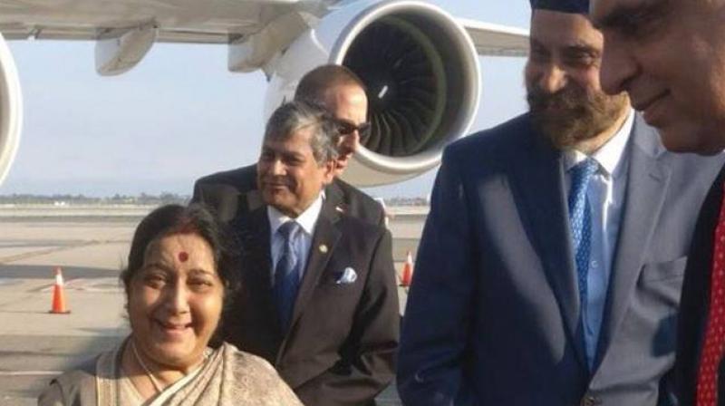 Swaraj arrives in New York