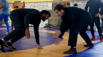 Rahul Gandhi on Wrestling Mat with Bajrang Punia