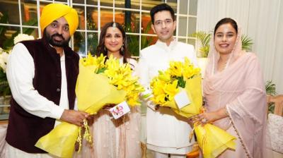 CM Bhagwant Mann and  Dr. Gurpreet Kaur with Raghav Chadha, Parineeti Chopra