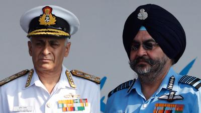 Indian Air Force chief Air Chief Marshal B S Dhanoa and Indian Navy chief Admiral Sunil Lanba