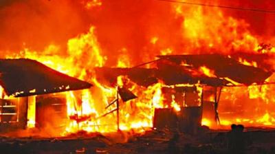 3 dozen huts and 18 paddy grain dumps were gutted