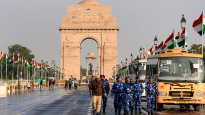 New Delhi: Security personnel are deployed along Kartavya Path near India Gate ahead of the Republic Day celebrations, in New Delhi, Sunday, Jan. 25, 2026. (PTI Photo)