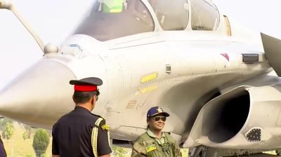 President Droupadi Murmu with Chief of the Air Staff Air Chief Marshal AP Singh, second from left, and others before she takes a sortie in Rafale fighter jet, at Air Force Station in Haryana's Ambala. (Source, Image Courtesy: PTI) President Droupadi Murmu with Chief of the Air Staff Air Chief Marshal AP Singh, second from left, and others before she takes a sortie in Rafale fighter jet, at Air Force Station in Haryana's Ambala. (Source, Image Courtesy: PTI)