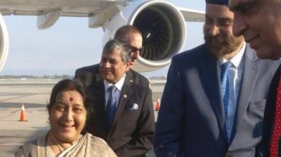 Swaraj arrives in New York