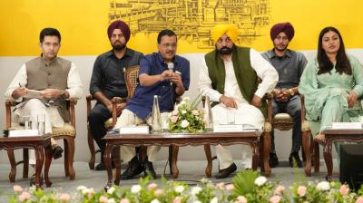 CM Bhagwant Mann, AAP Convener Arvind Kejriwal, MP Raghav Chadha and Cabinet Minister Anmol Gagan Maan 