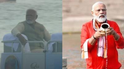 PM Narendra Modi took Holy Bath at Maha Kumbh , Rides boat to sangam