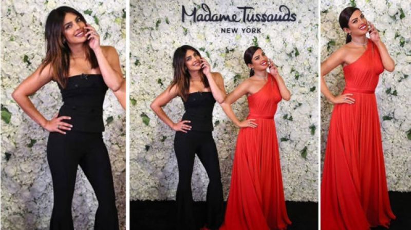 Priyanka's wax statue is dressed in a red Jason Wu outfit 