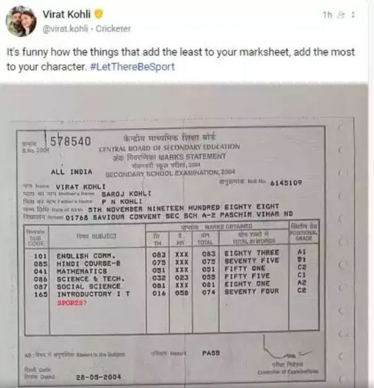 Virat Kohli's 10th grade Marksheet