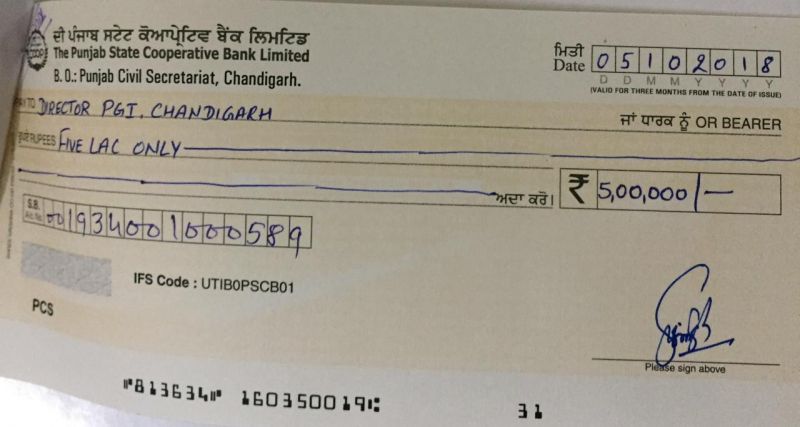 A cheque to the tune of Rs. 5 lakh