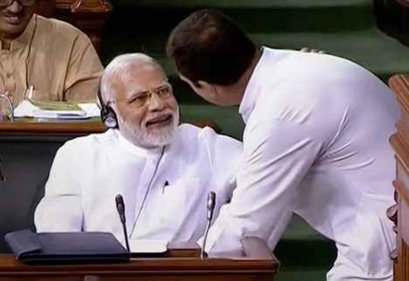 Rahul Gandhi walked across the green-carpeted well of Lok Sabha to Modi