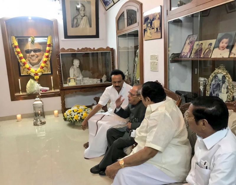 Mukherjee was accorded a warm welcome by DMK president M K Stalin