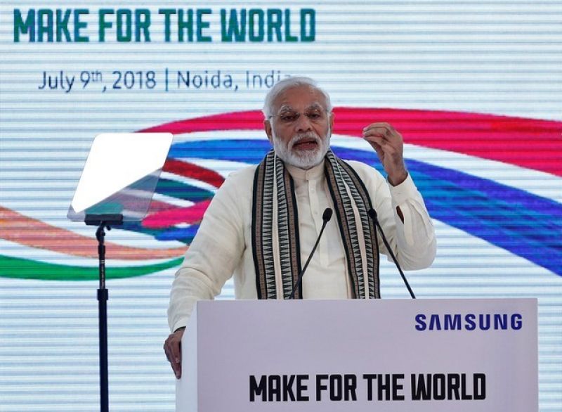 Narendra Modi speaks during the inauguration of the Samsung Electronics