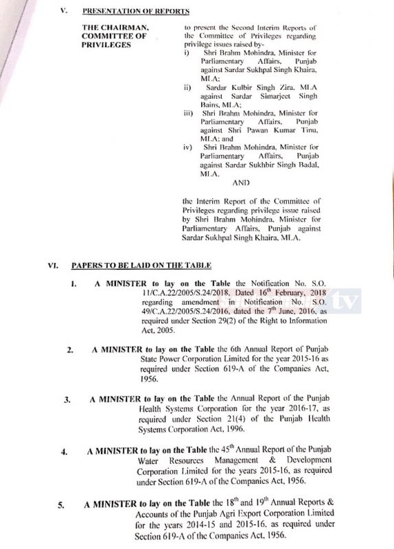 Punjab Vidhan Sabha business List