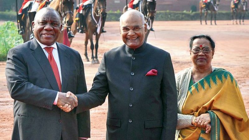 President Ram Nath Kovind shakes hands with his South African counterpart Cyril Ramaphosa