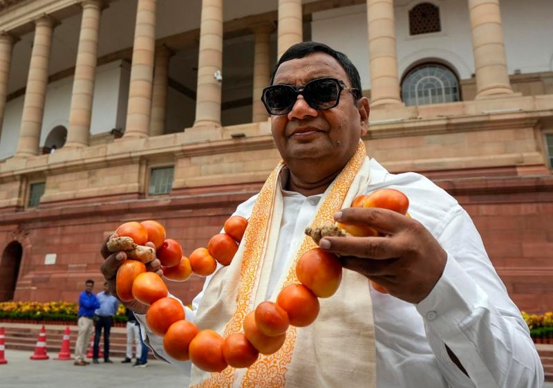 AAP MP Sushil Gupta Reached RS with a Garland of Tomatoes, Stages Protest Against Rising Prices 