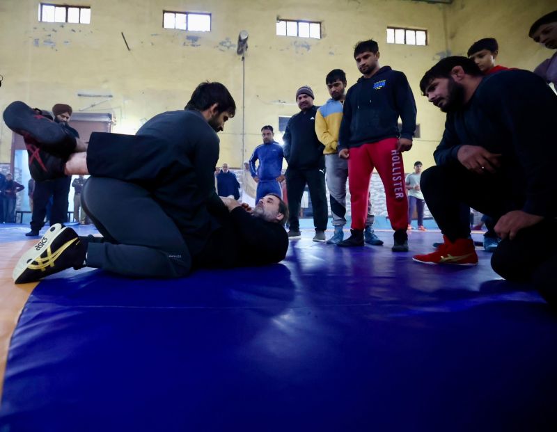 In Pics: Rahul Gandhi Grapples on Wrestling Mat with Bajrang Punia Amidst WFI Controversy