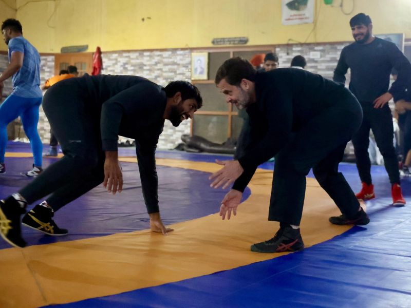 In Pics: Rahul Gandhi Grapples on Wrestling Mat with Bajrang Punia Amidst WFI Controversy