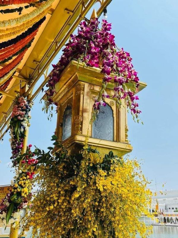 Exquisite Flower Decorations Adorn Golden Temple & Akal Takht Sahib for Sri Guru Granth Sahib Ji's Prakash Purab Celebration
