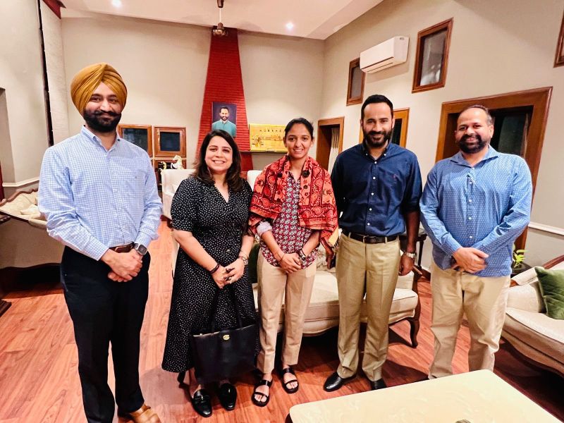 Sports Minister Gurmeet Singh Meet Hayer meets Harmanpreet Kaur, the captain of the Indian women's cricket team which won gold in Asian Games and bronze medalist shooter Gurjoat Singh Khangura
