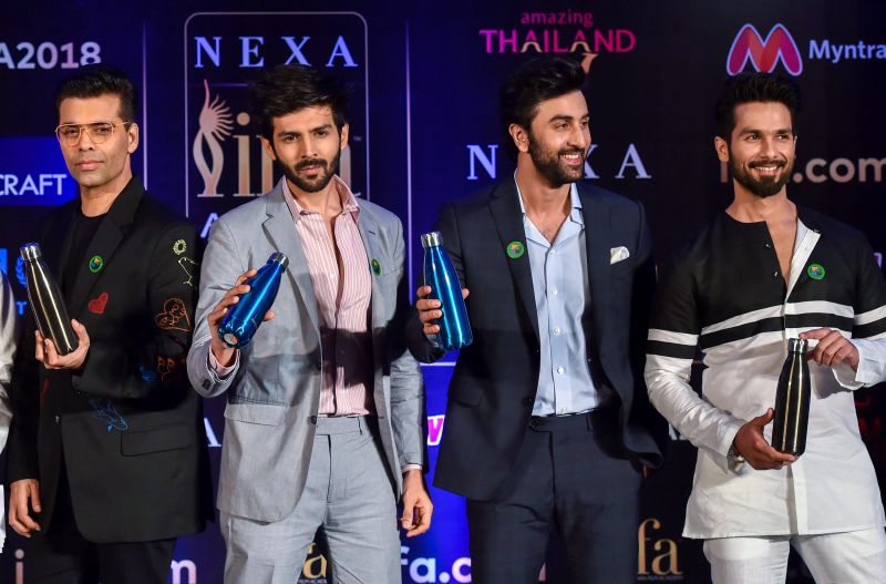 Bollywood Actors Kartik Aaryan, Dia Mirza ,Ranbir Kapoor and Karan Johar Pose for a Photo During a Press Confrence for 19th edition of IIFA Weekend Awards 2018