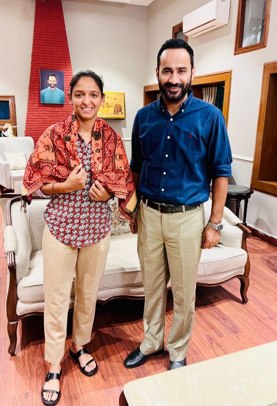 Sports Minister Gurmeet Singh Meet Hayer meets Harmanpreet Kaur, the captain of the Indian women's cricket team which won gold in Asian Games and bronze medalist shooter Gurjoat Singh Khangura
