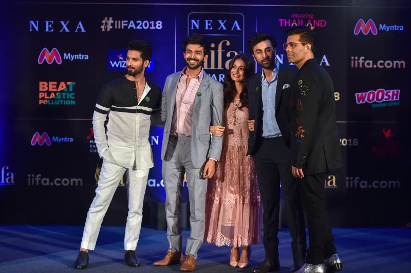 Bollywood Actors Kartik Aaryan, Dia Mirza ,Ranbir Kapoor and Karan Johar Pose for a Photo During a Press Confrence for 19th edition of IIFA Weekend Awards 2018