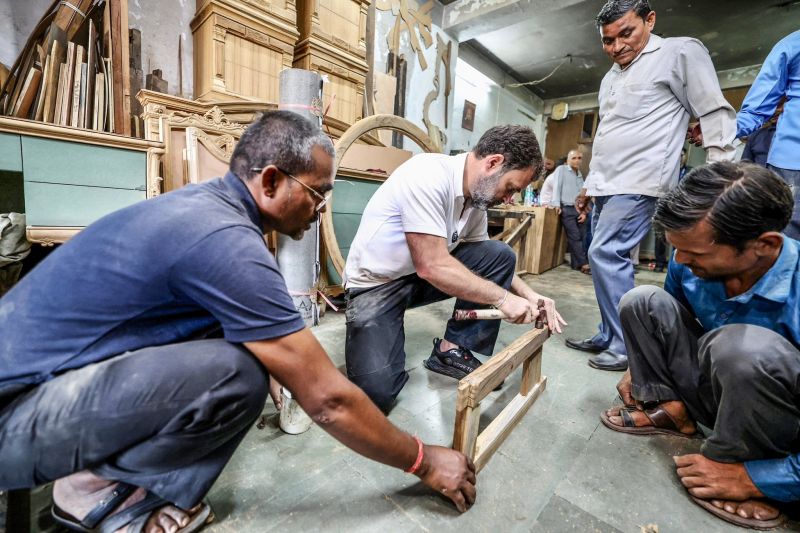 Rahul Gandhi Interacts with Carpentry Community During Visit to Delhi's Kirti Nagar Furniture Market
