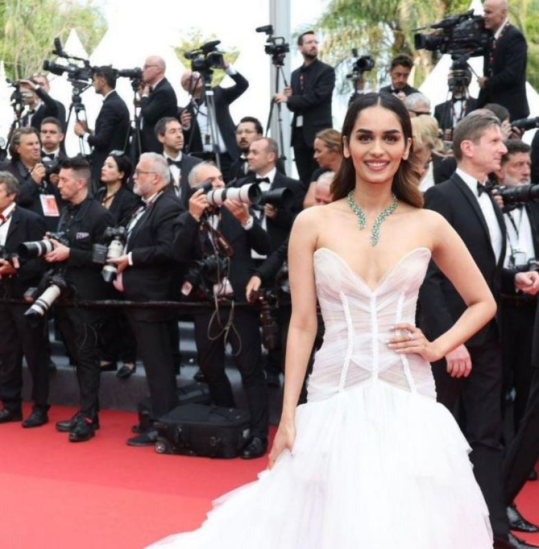 Miss World Manushi Chhillar wears White Beautiful Gown at Cannes Red Carpet