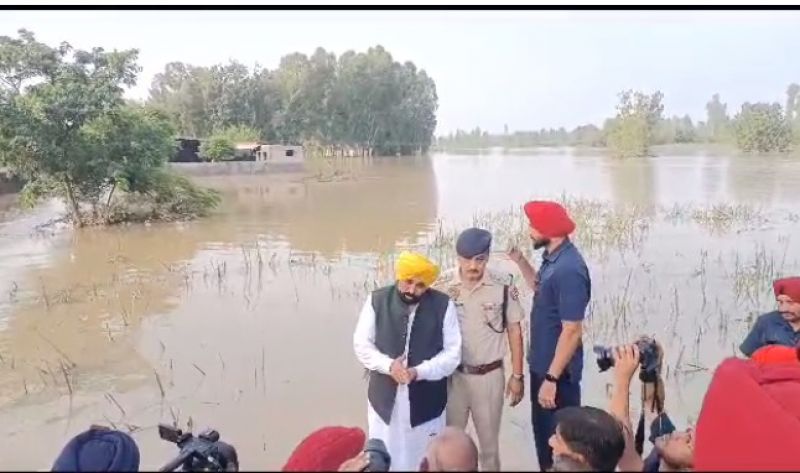 Punjab Chief Minister Bhagwant Mann reaches village Haler Janardhan of Mukerian to review devastating conditions amid flood
