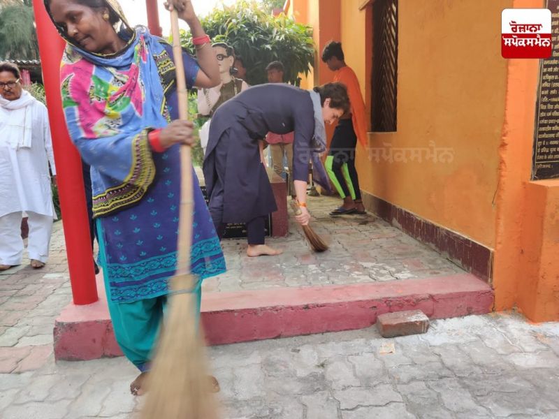 Congress general secretary Priyanka Gandhi sweeps a Dalit slum in Indira Nagar, Lucknow